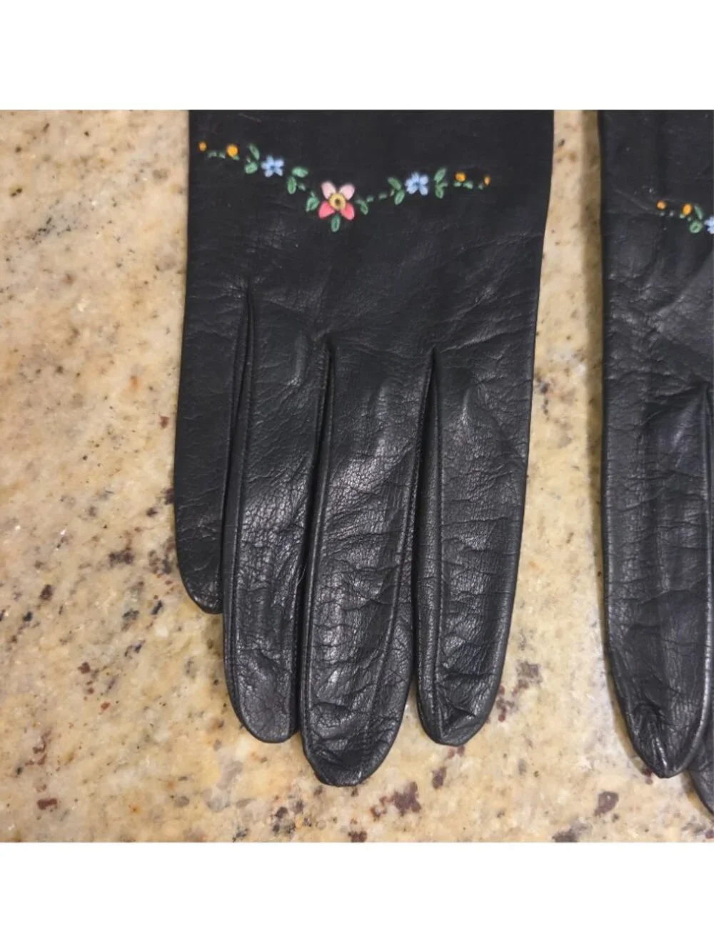 Vintage Womens Size S / 6.5 Black Leather Embroidered Flower Formal Gloves Italy